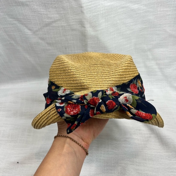 Straw Bucket Hat with Floral Scarf - Picture 2 of 5